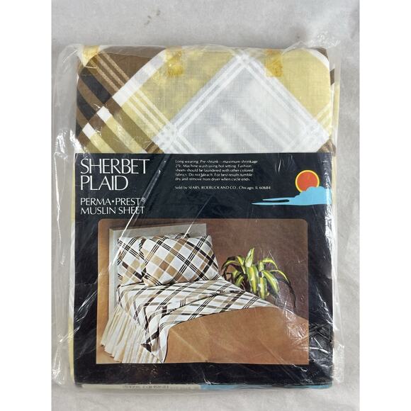 Sears Sherbet Twin Top Flat Sheet Criss Cross Plaid Cotton Blend New Dead Stock - Picture 1 of 6